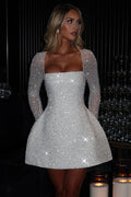 Glorol - Long Sleeve Backless Lace-up High Waist A-line Mini Dress