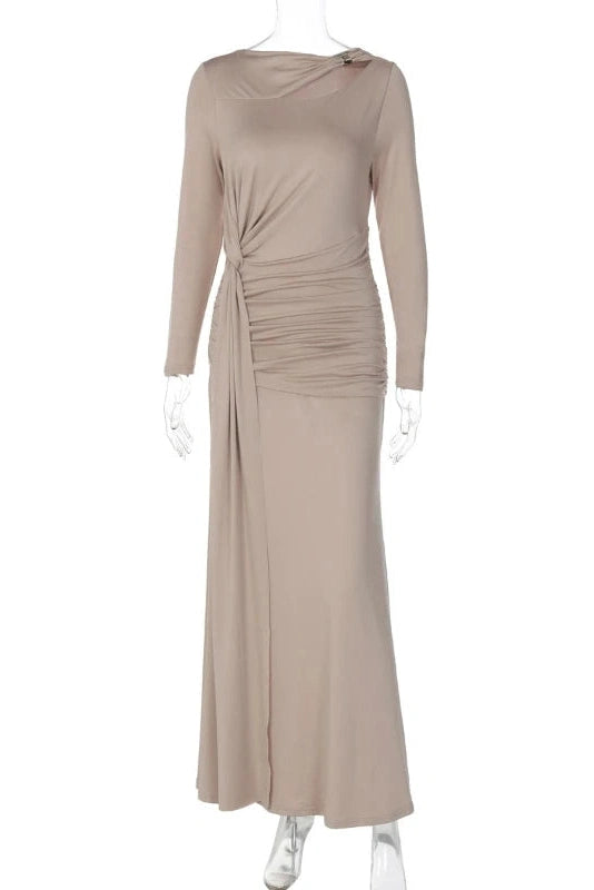 Glorol - Elegant Pleats Slim-Fit Long-Sleeved Irregular Maxi Dress