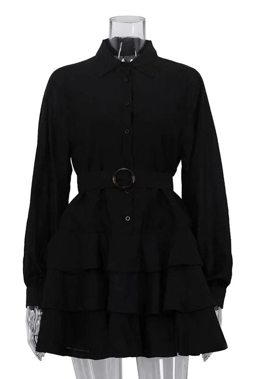 Glorol - Elegant Long Sleeves Single-Breasted Belt Mini Dress
