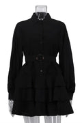 Glorol - Elegant Long Sleeves Single-Breasted Belt Mini Dress