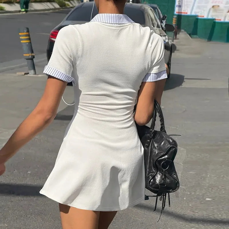 Glorol - Short Sleeve Single Breasted Slim A-Line Mini Dress