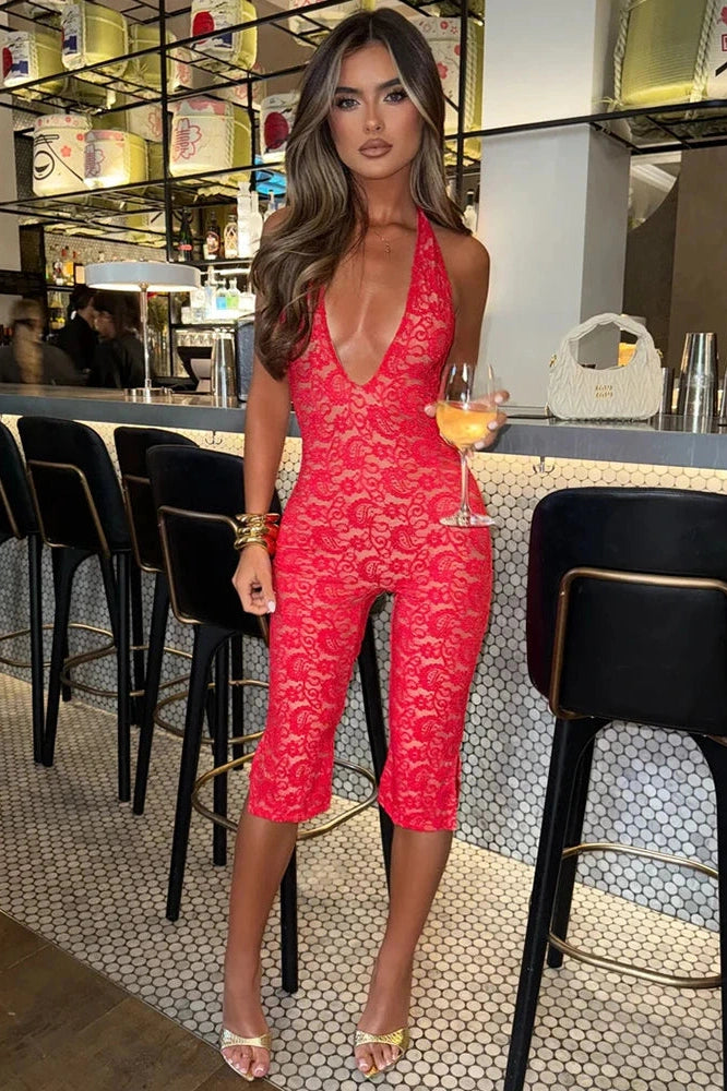 Glorol - Lace V Neck Sleeveless Backless Jumpsuit