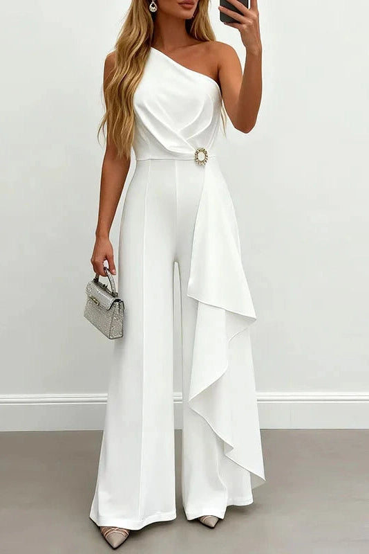 Glorol - Elegant Slash Collar Sleeveless Wide Leg Jumpsuit