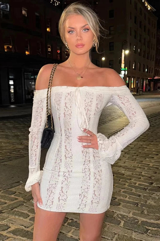 Glorol - Off-shoulder Strapless Long Sleeve Lace Backless Mini Dress