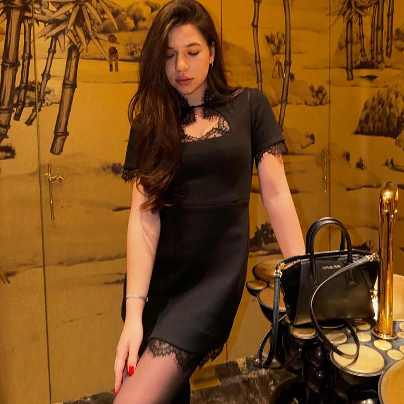 Glorol - Elegant Hollow Out Patchwork High Waist Mini Dress