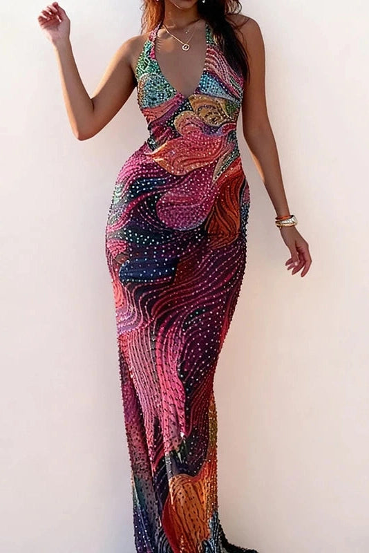 Glorol - Printed Slim High Waist Sleeveless V-Neck Maxi Dress