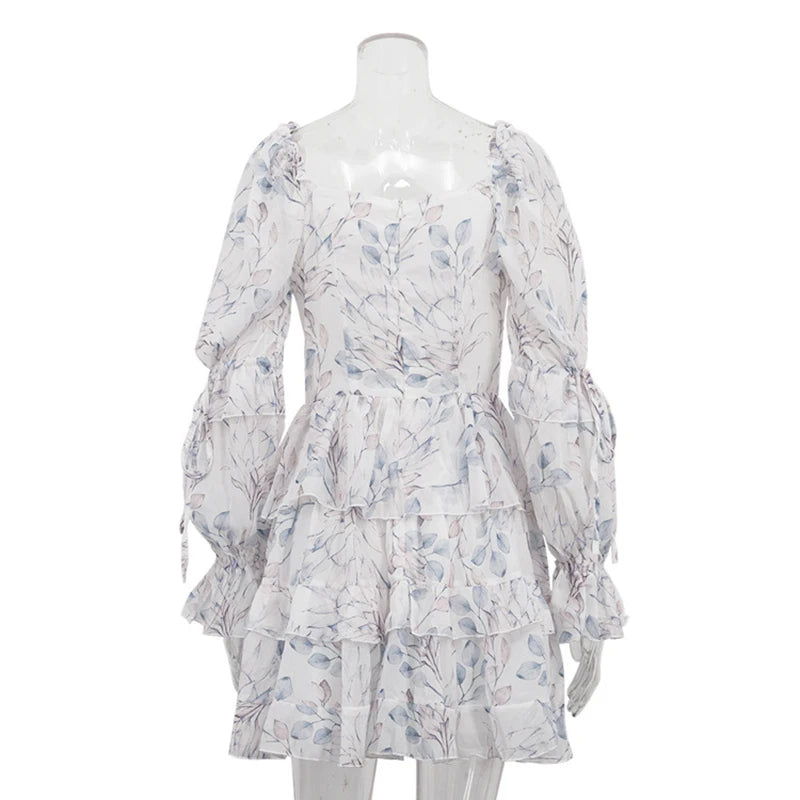 Glorol - Printed Square Collar Long Sleeve Lace-Up Mini Dress