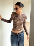 Glorol - Leopard Print O-Neck See-Through Top