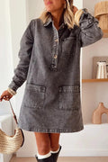 Glorol - Elegant Long Sleeve Pocket High Waist Loose Printed Mini Dress