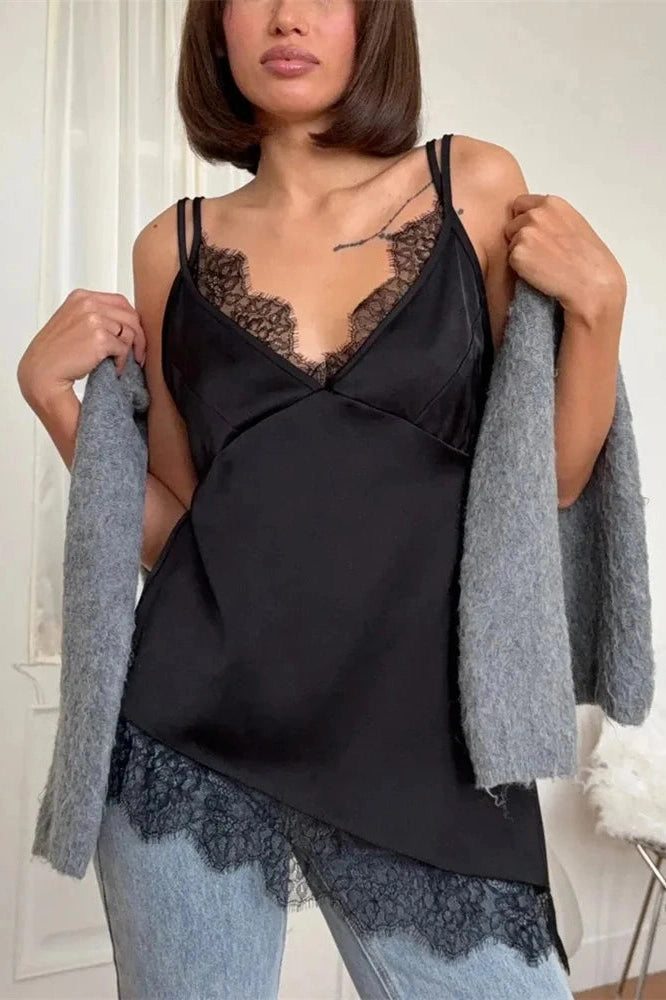 Glorol - Lace V-Neck Backless High Waist Patchwork Mini Dress