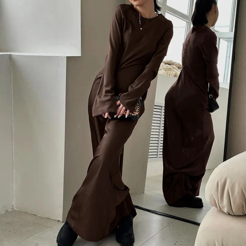 Glorol - O-Neck Lace Up Long Sleeve Maxi Dress