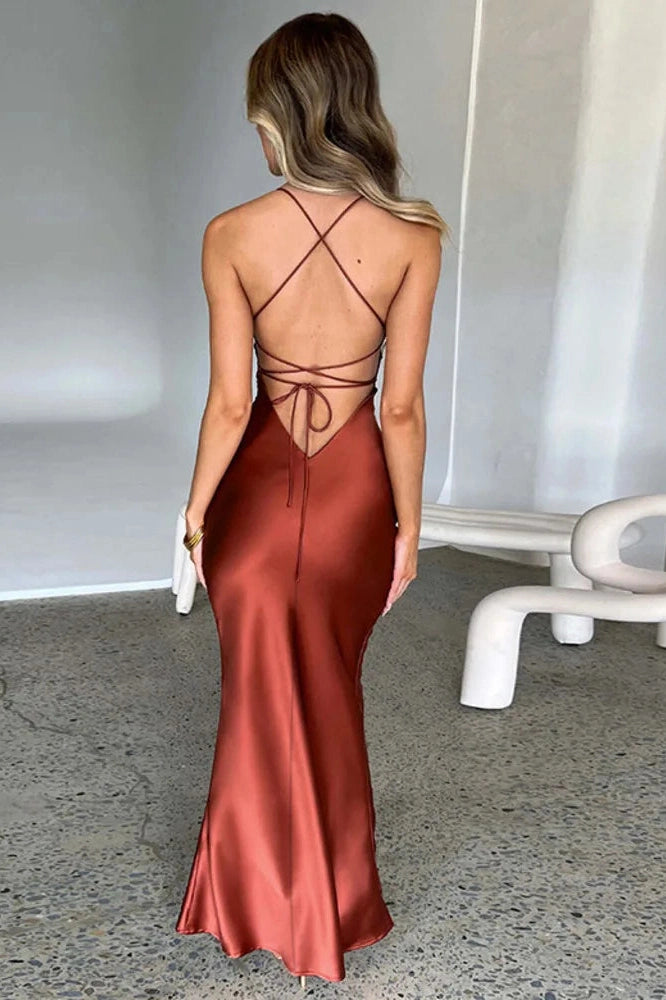 Glorol - Backless Spaghetti Strap Sleeveless Bodycon Maxi Dress