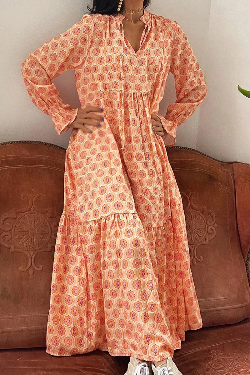 Glorol - Print Tie-Up Long Sleeve V-Neck Maxi Dress