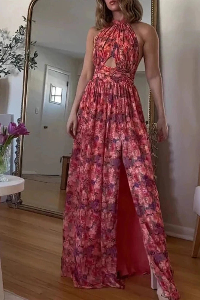 Glorol - Hollow Out Sleeveless High Waist Pleated Printed Maxi Dress