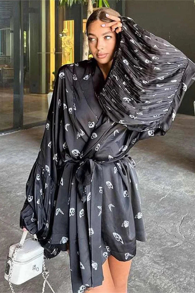Glorol - Printed Lace-Up V-Neck Loose Long Sleeve Mini Dress