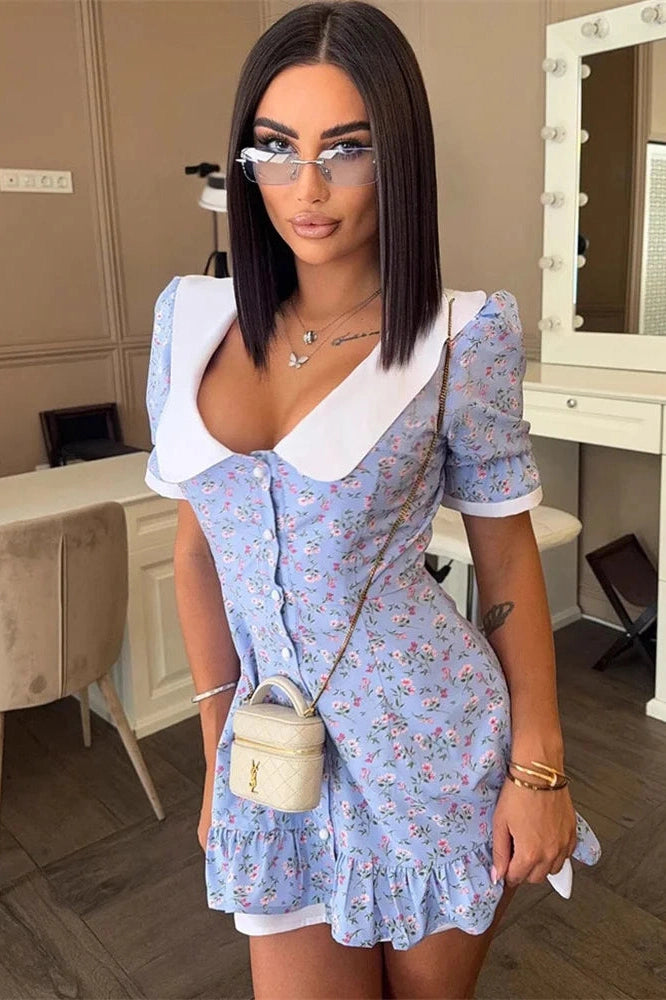 Glorol - Printed Slim Short Sleeve Bodycon Mini Dress