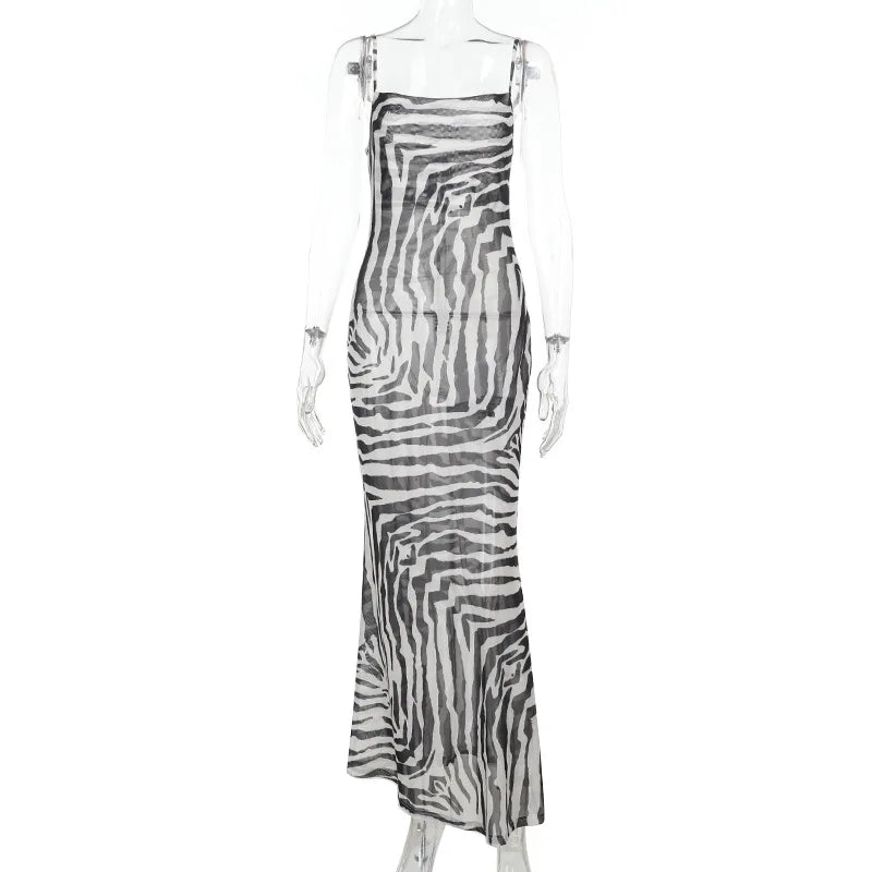 Glorol - Printed  Spaghetti Strap Lace Up Maxi Dress