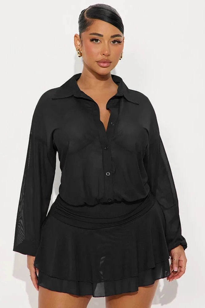 Glorol - See Through Long Sleeve Single-Breasted Mini Dress