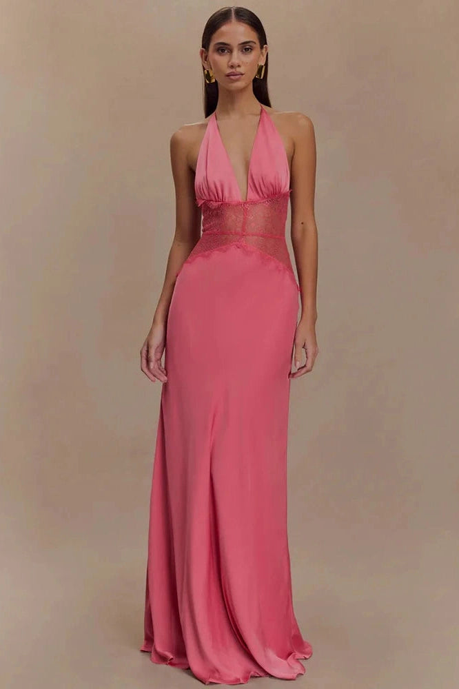 Glorol - Backless Patchwork Lace Deep V Neck Sleeveless High Waist Maxi Dress