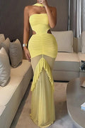 Glorol - Hollow Waist Pleated Sleeveless Slim Maxi Dress