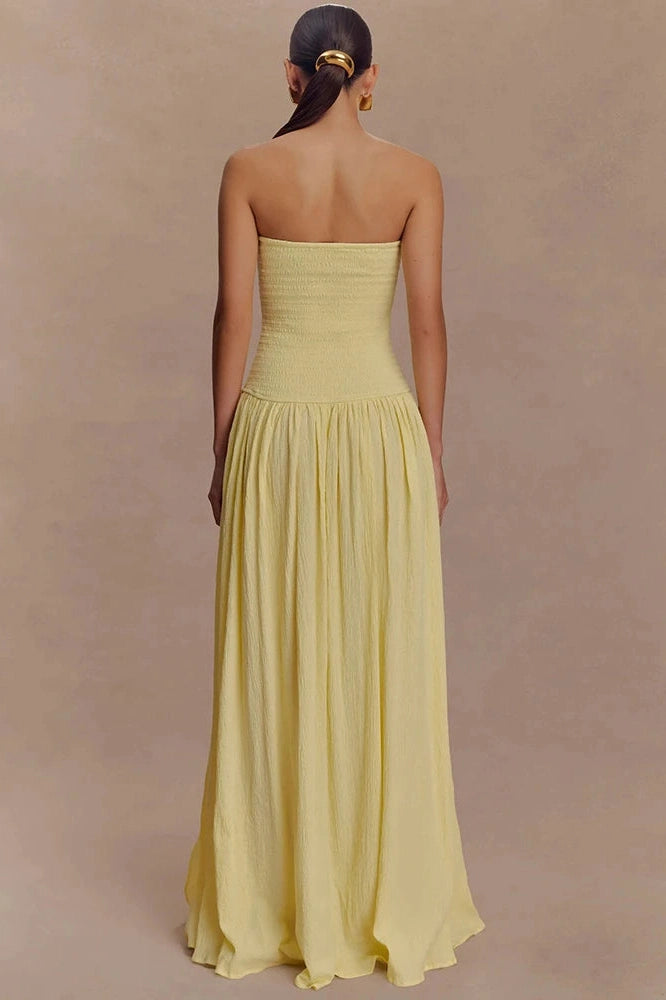 Glorol - Off-Shoulder Strapless Sleeveless Backless High Split Pleated Maxi Dress