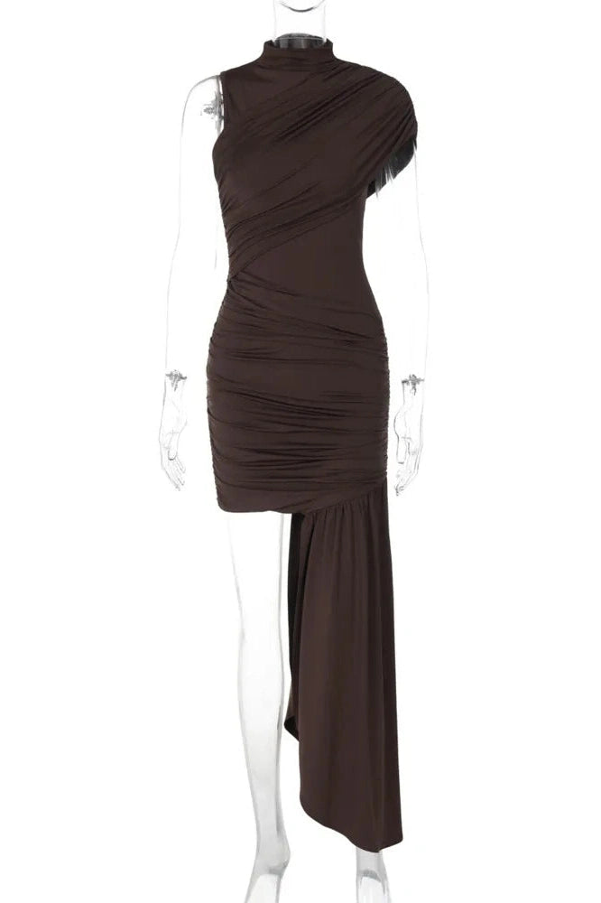 Glorol - Turtleneck Sleeveless High Waist Pleated Irregular Mini Dress