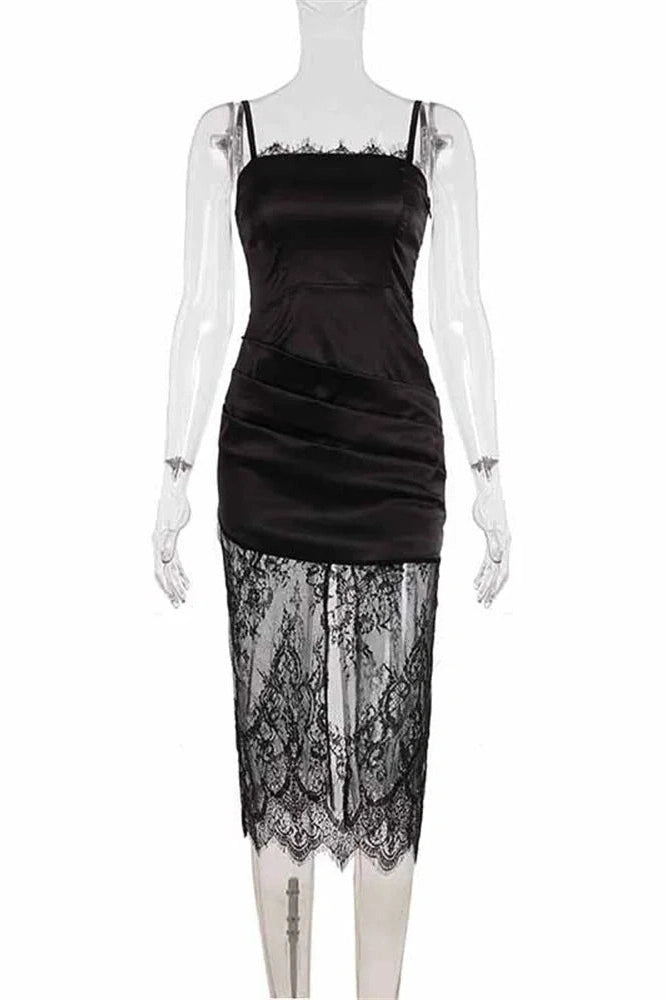 Glorol - Lace See-Through Patchwork Backless Slim Midi Dress