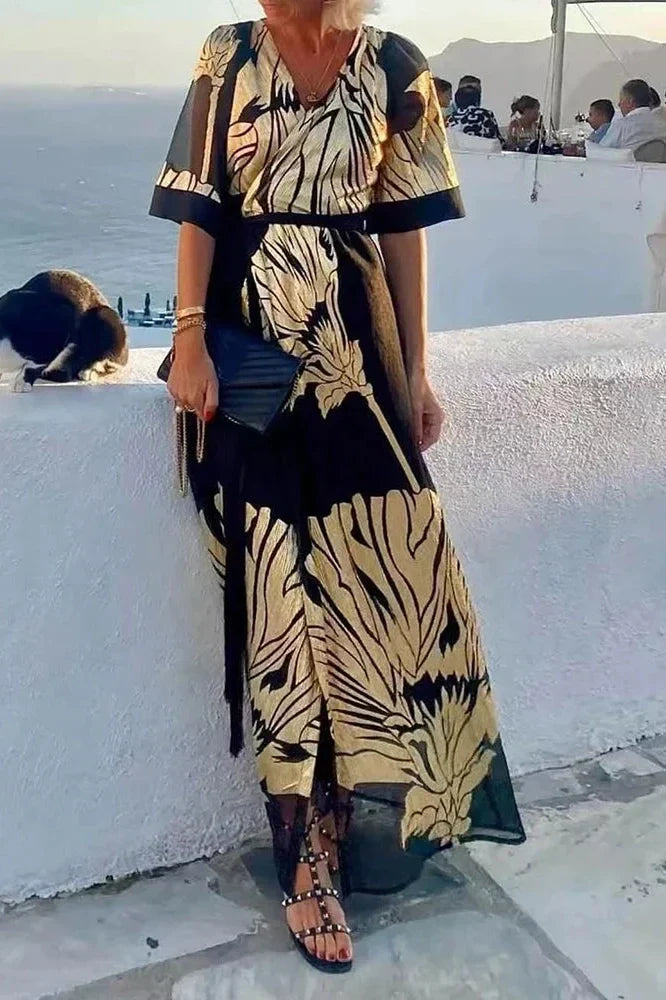 V-Neck Short Sleeve Pleated Printed Maxi Dress