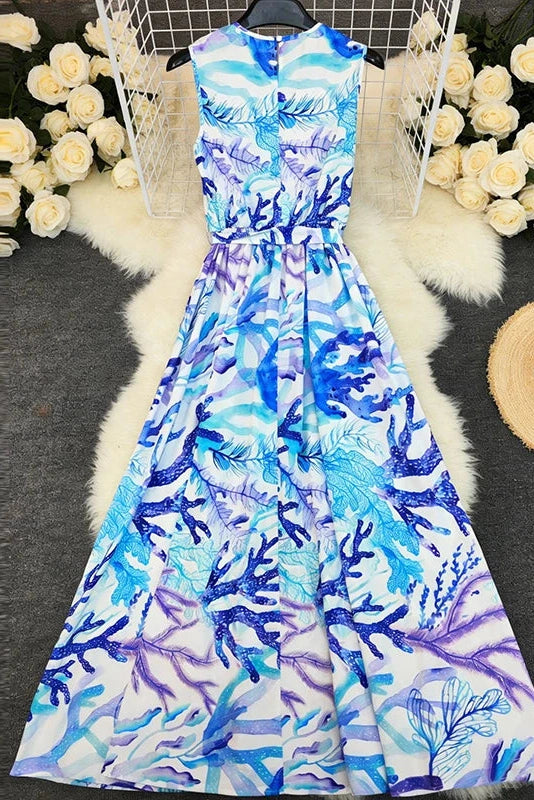 Glorol - Printed Pleated Sleeveless High Waist Maxi Dress