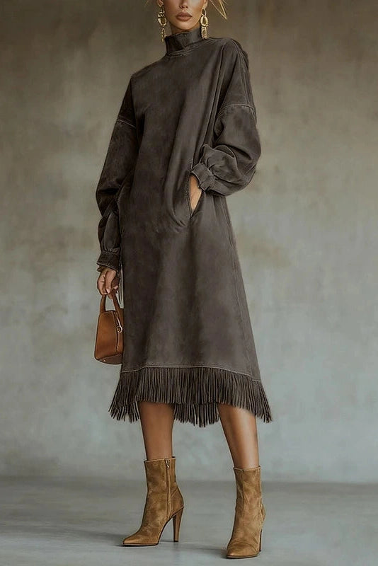 Glorol - Elegant High Collar Loose A-Line High Waist Pocket Midi Dress
