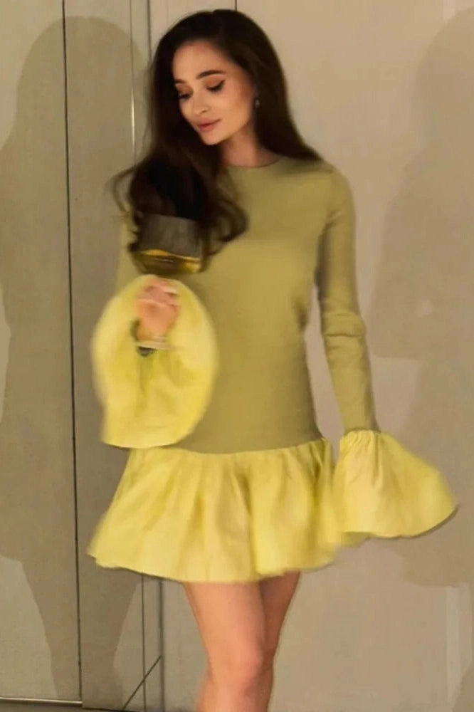 Glorol - Long Flare Sleeve Patchwork O-Neck A-line Mini Dress