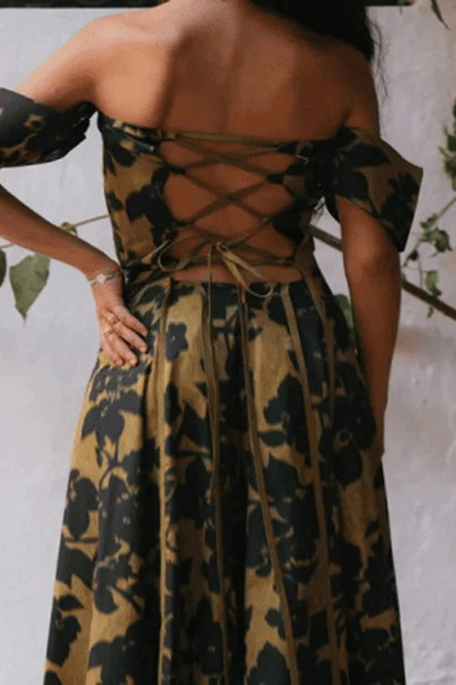 Glorol - Hollow Out High Waist Pleated Sleeveless Printed Maxi Dress