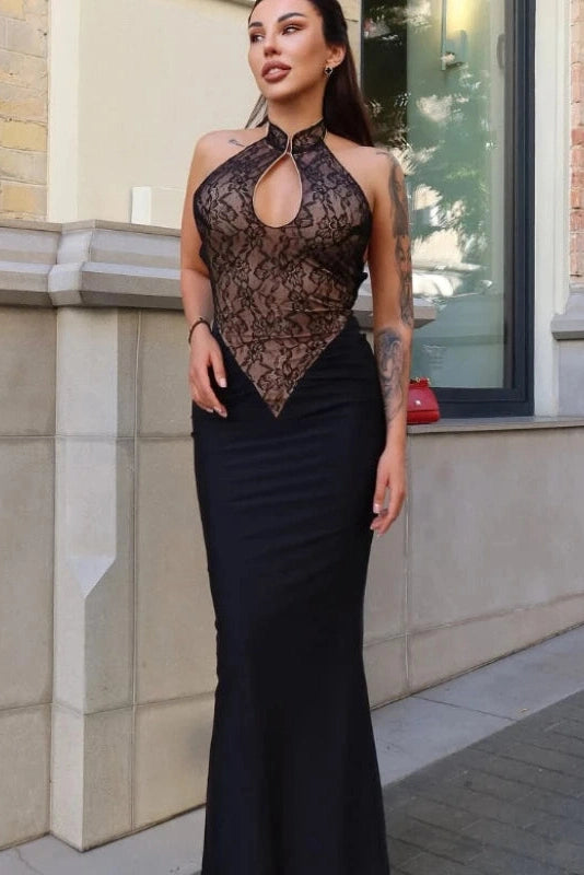 Glorol - Hollow Out Lace Patchwork Slim High-Waisted Maxi Dress