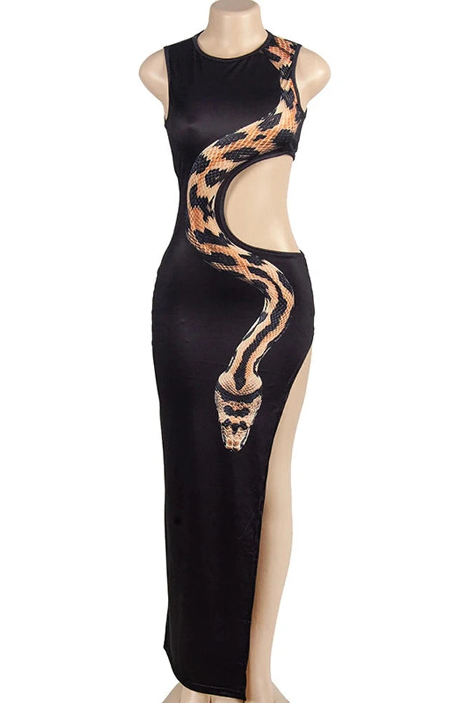 Glorol - Hollow Out Printed Slim Split Sleeveless Maxi Dress