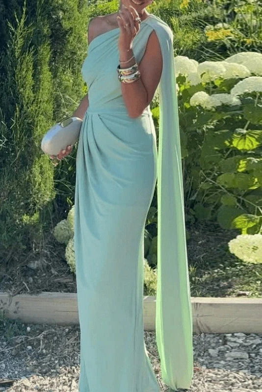 Glorol - Hollow Out One Shoulder High Waist Sleeveless Slim Pleated Maxi Dress
