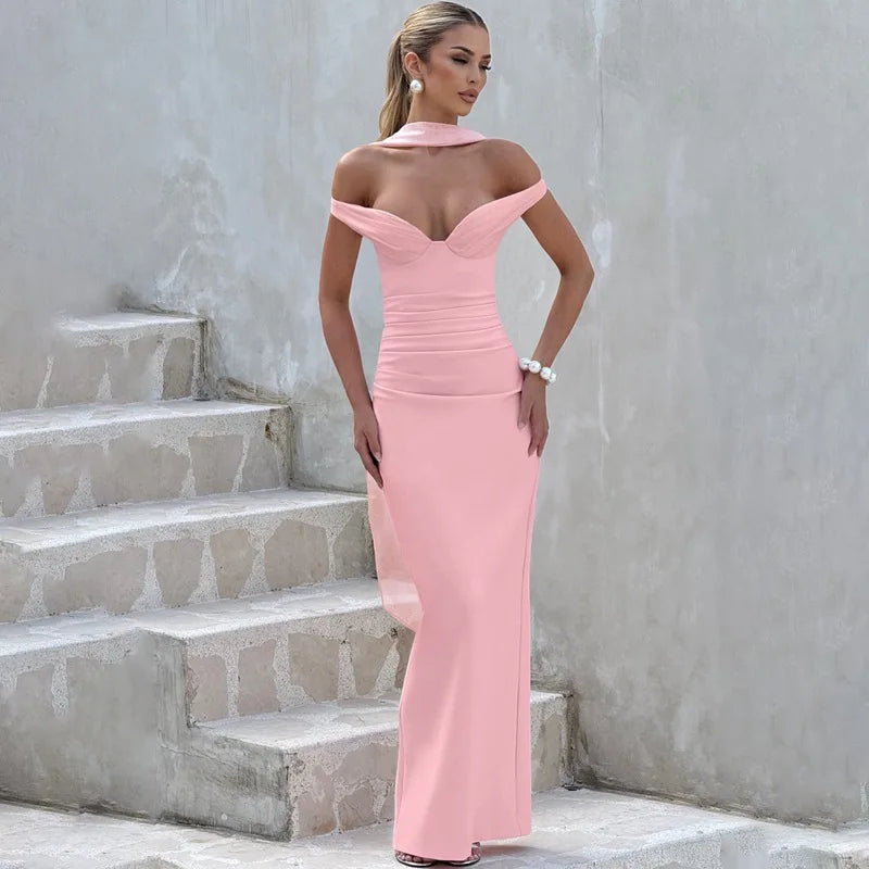 Glorol - Scarf Collar Strapless Backless Slit Maxi Dress