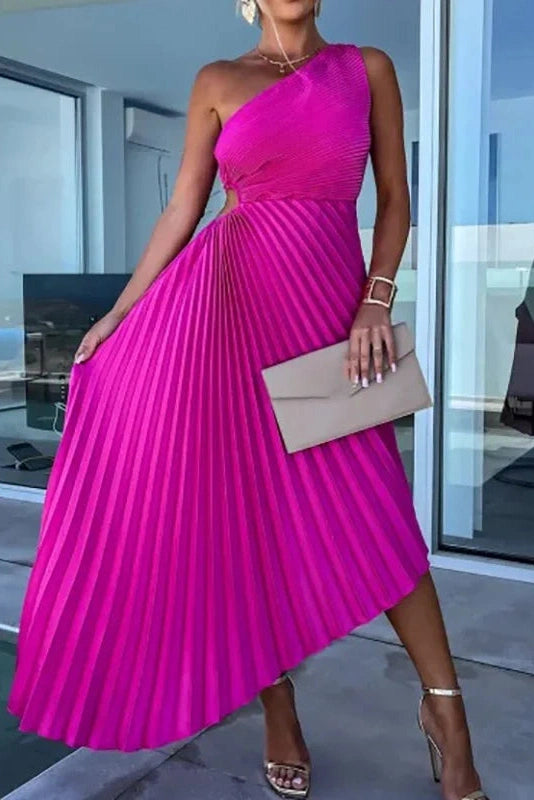 Glorol - Hollow Out One Shoulder Slim Fit Pleated Maxi Dress