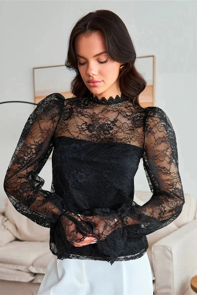 Glorol - Lace Patchwork Long Sleeve Printed Top