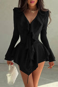 Glorol - Lace-Up Flare Sleeve V-Neck Slim High Waist Mini Dress
