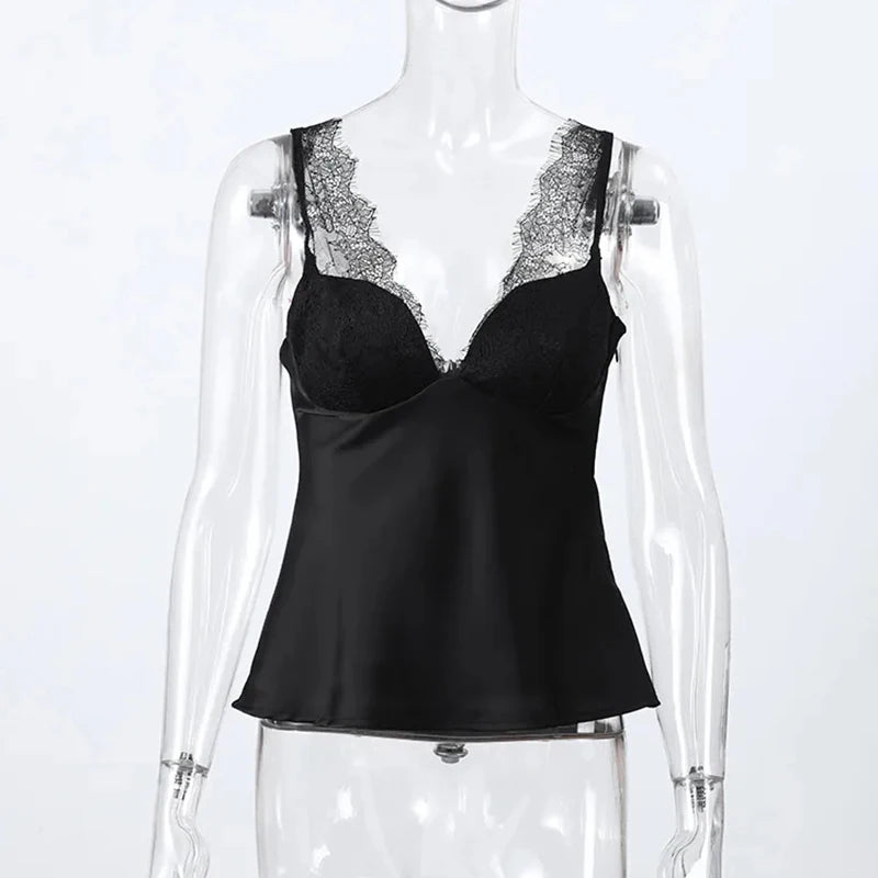 Glorol - Lace Backless V-Neck Slim Top