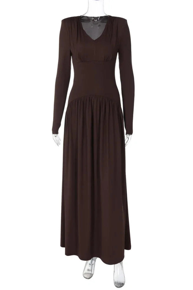 Glorol - Long Sleeve V Neck High Waist Slim Pleated Maxi Dress