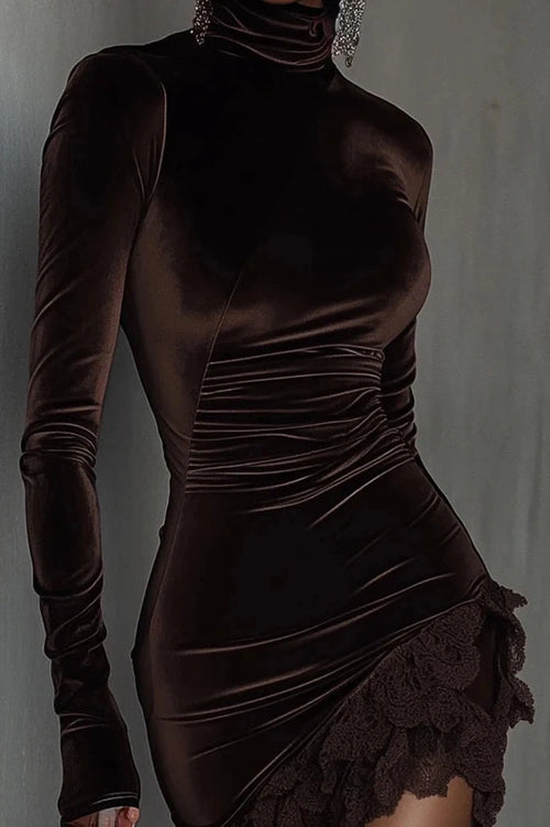 Glorol - Elegant High Waist Turtleneck Slim Lace Irregular Mini Dress