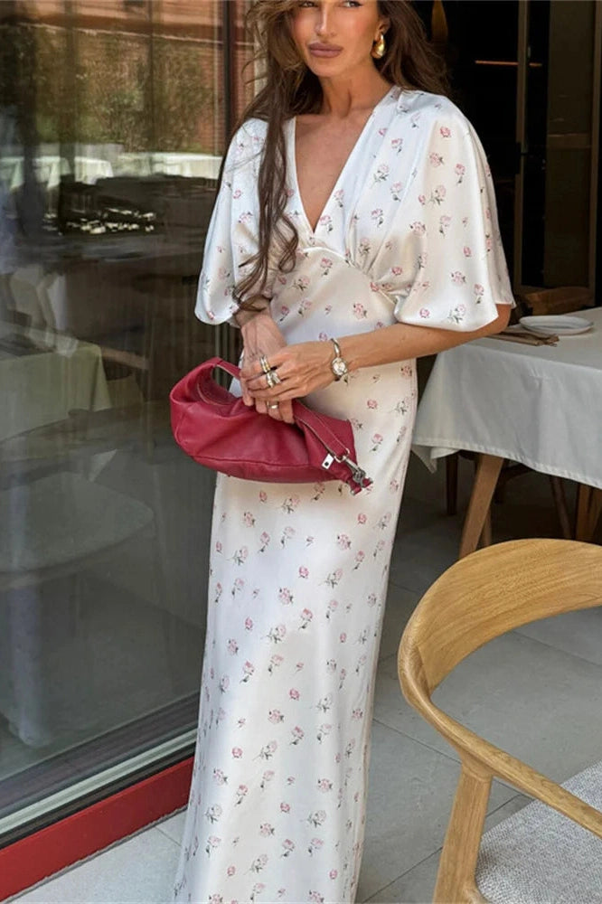 Glorol - Printed V-Neck High Waist Slim Maxi Dress