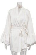 Glorol - Puff Sleeve Lace-Up Striped Loose V-Neck A-Line Mini Dress