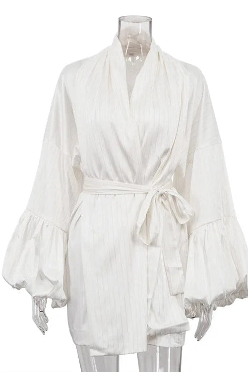Glorol - Puff Sleeve Lace-Up Striped Loose V-Neck A-Line Mini Dress