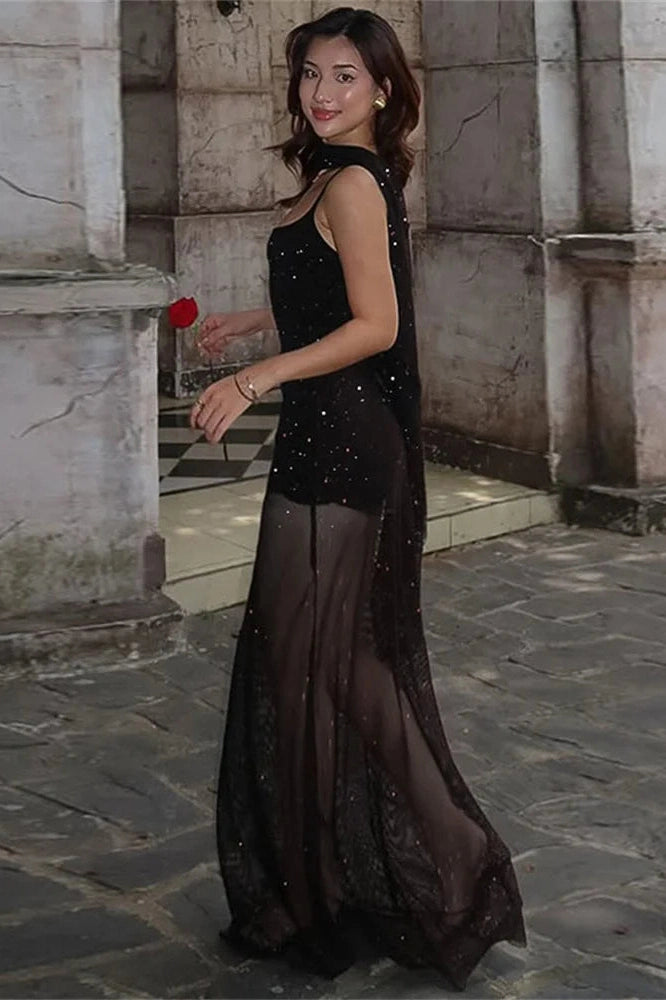Glorol - Lace-Up See-Through Backless Slim Bodycon Maxi Dress