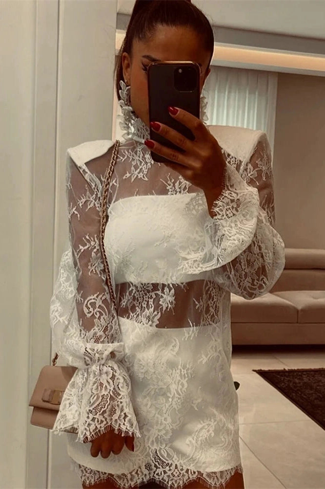 Glorol - Hollow Out Lace Patchwork Mini Dress