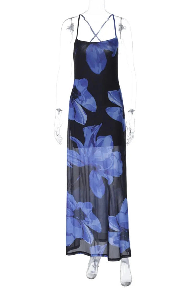 Glorol - Printed Sleeveless Backless Lace-Up Maxi Dress
