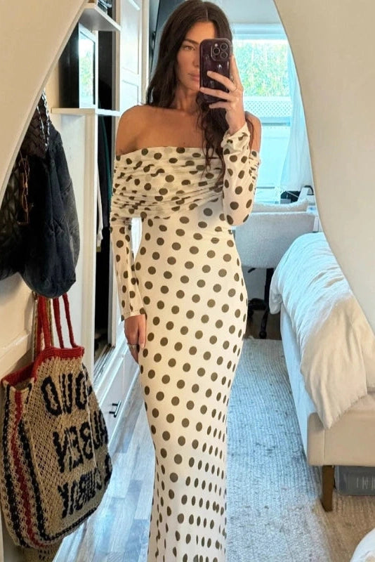 Glorol - Off-Shoulder High Waist Long Sleeve Slim Maxi Dress