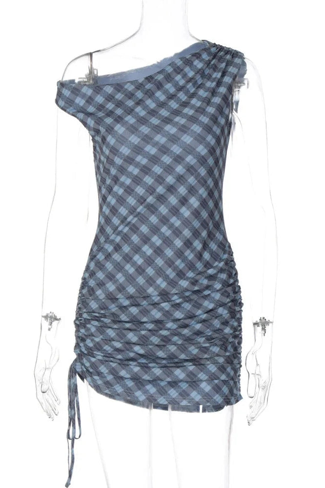 Glorol - Plaid Printed One Shoulder Backless Sleeveless Mini Dress